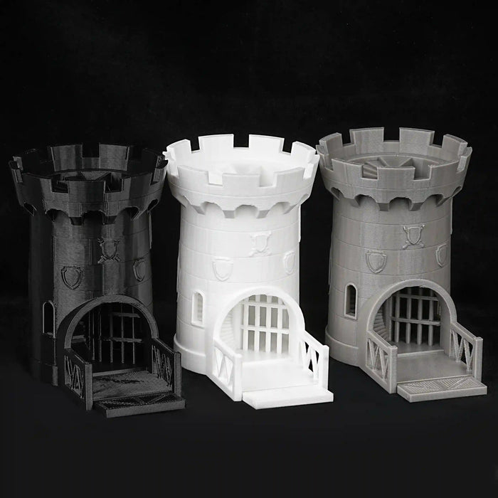 3D printed black castle model dnd dice tower